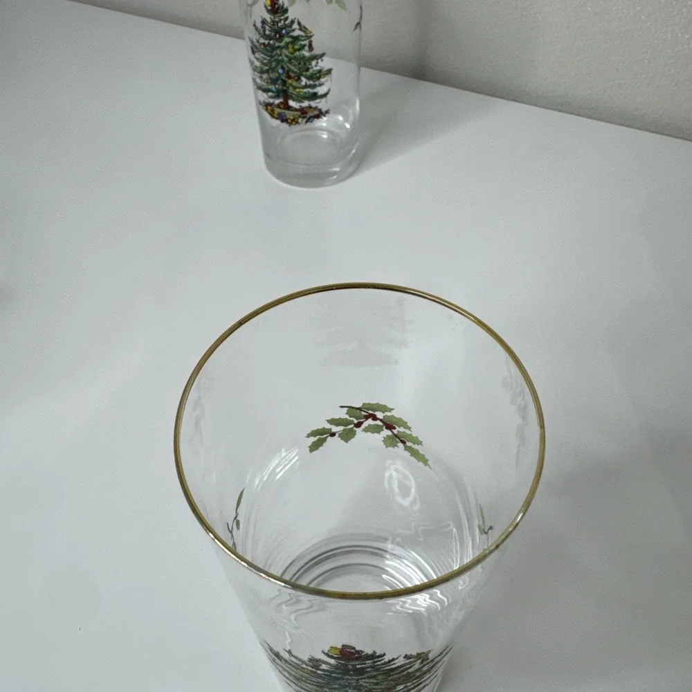 Set of 7 Spode Highball Glasses‎ Tumblers Christmas Tree w/ Gold Rim 6.25